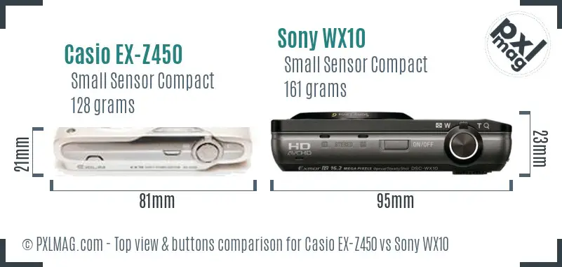 Casio EX-Z450 vs Sony WX10 top view buttons comparison