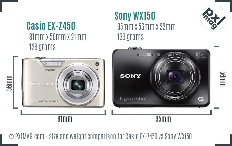 Casio EX-Z450 vs Sony WX150 size comparison