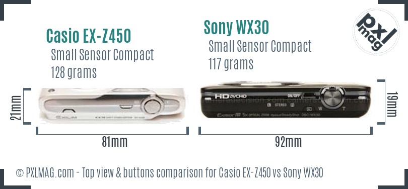 Casio EX-Z450 vs Sony WX30 top view buttons comparison
