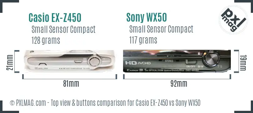 Casio EX-Z450 vs Sony WX50 top view buttons comparison