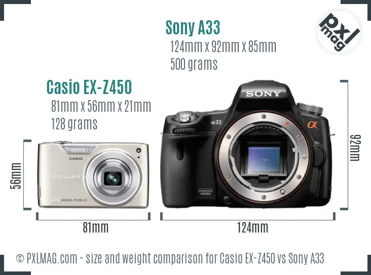 Casio EX-Z450 vs Sony A33 size comparison