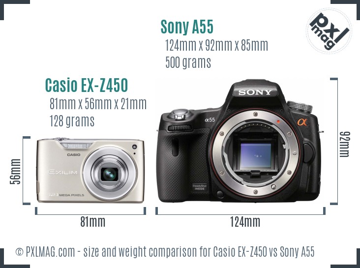 Casio EX-Z450 vs Sony A55 size comparison