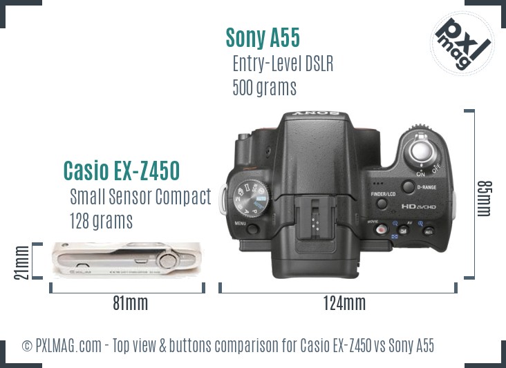 Casio EX-Z450 vs Sony A55 top view buttons comparison