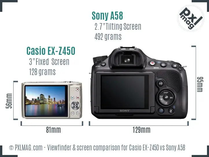 Casio EX-Z450 vs Sony A58 Screen and Viewfinder comparison