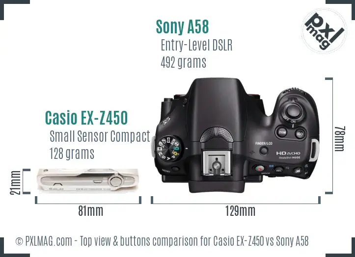 Casio EX-Z450 vs Sony A58 top view buttons comparison
