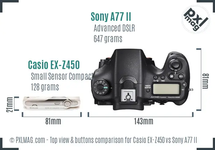 Casio EX-Z450 vs Sony A77 II top view buttons comparison Casio EX-Z450 vs Sony A77 II top view buttons comparison