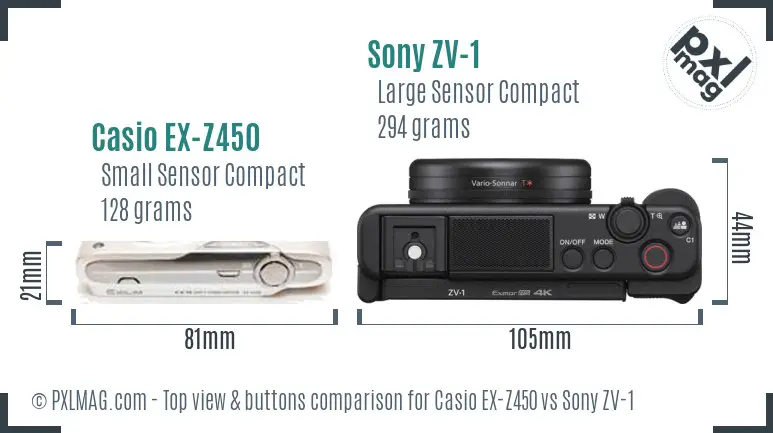 Casio EX-Z450 vs Sony ZV-1 top view buttons comparison Casio EX-Z450 vs Sony ZV-1 top view buttons comparison