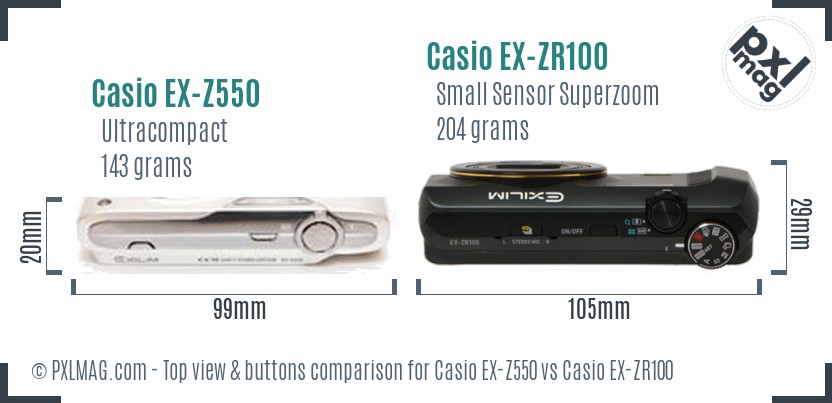 Casio EX-Z550 vs Casio EX-ZR100 top view buttons comparison