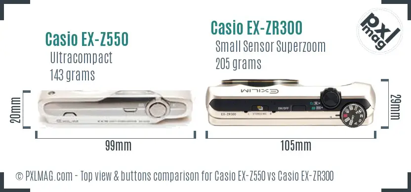 Casio EX-Z550 vs Casio EX-ZR300 top view buttons comparison