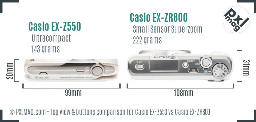 Casio EX-Z550 vs Casio EX-ZR800 top view buttons comparison