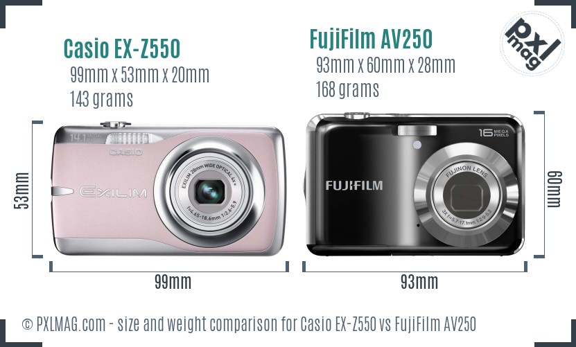 Casio EX-Z550 vs FujiFilm AV250 size comparison