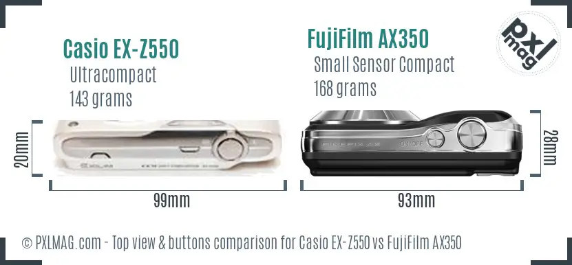 Casio EX-Z550 vs FujiFilm AX350 top view buttons comparison Casio EX-Z550 vs FujiFilm AX350 top view buttons comparison