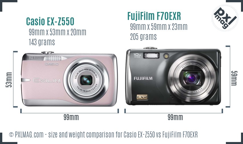 Casio EX-Z550 vs FujiFilm F70EXR size comparison