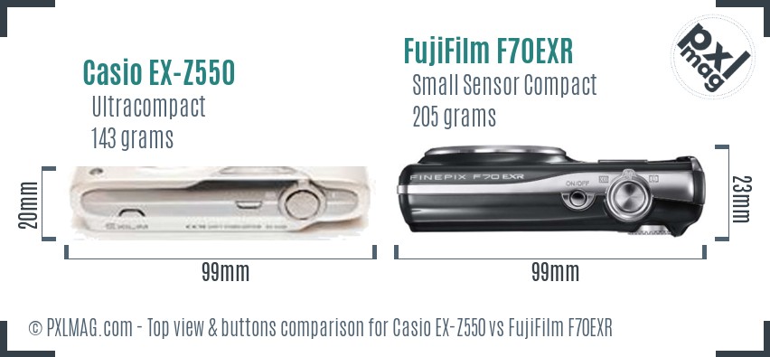 Casio EX-Z550 vs FujiFilm F70EXR top view buttons comparison