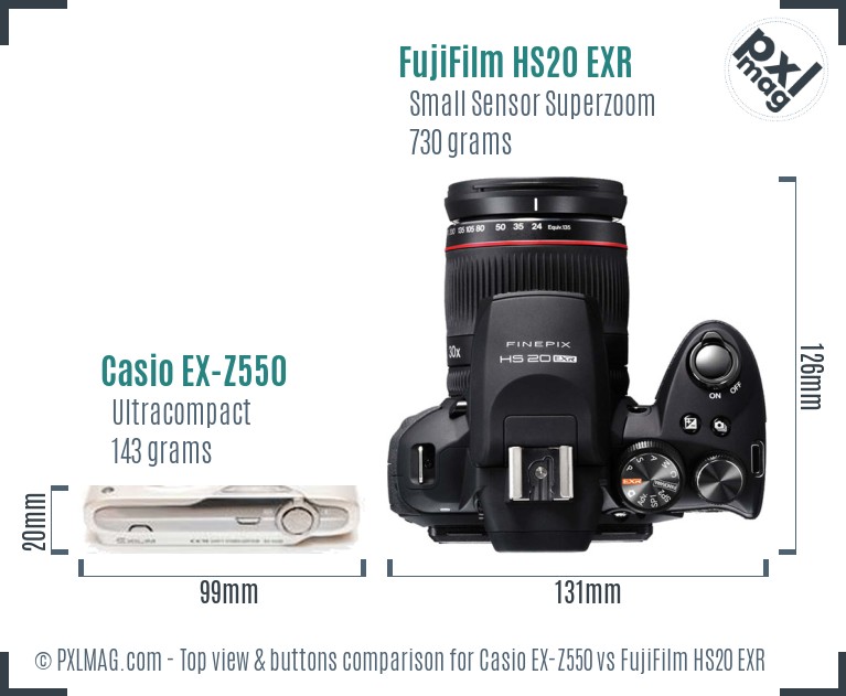 Casio EX-Z550 vs FujiFilm HS20 EXR top view buttons comparison