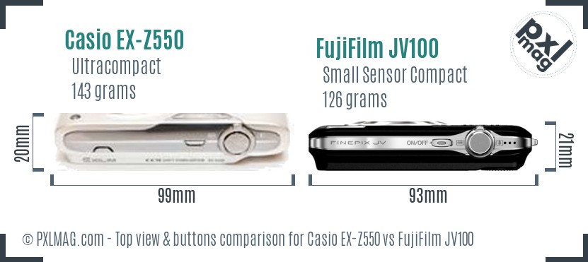 Casio EX-Z550 vs FujiFilm JV100 top view buttons comparison