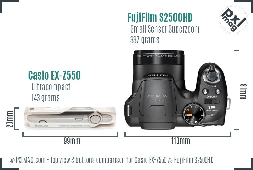 Casio EX-Z550 vs FujiFilm S2500HD top view buttons comparison Casio EX-Z550 vs FujiFilm S2500HD top view buttons comparison