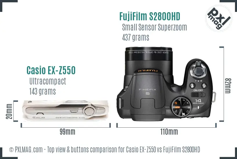 Casio EX-Z550 vs FujiFilm S2800HD top view buttons comparison Casio EX-Z550 vs FujiFilm S2800HD top view buttons comparison