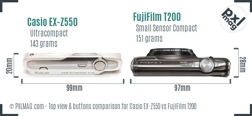 Casio EX-Z550 vs FujiFilm T200 top view buttons comparison