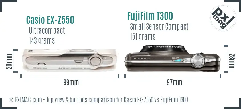 Casio EX-Z550 vs FujiFilm T300 top view buttons comparison