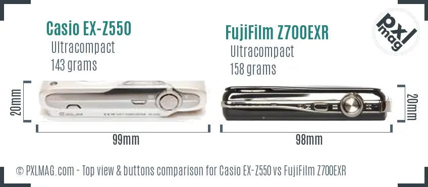 Casio EX-Z550 vs FujiFilm Z700EXR top view buttons comparison Casio EX-Z550 vs FujiFilm Z700EXR top view buttons comparison