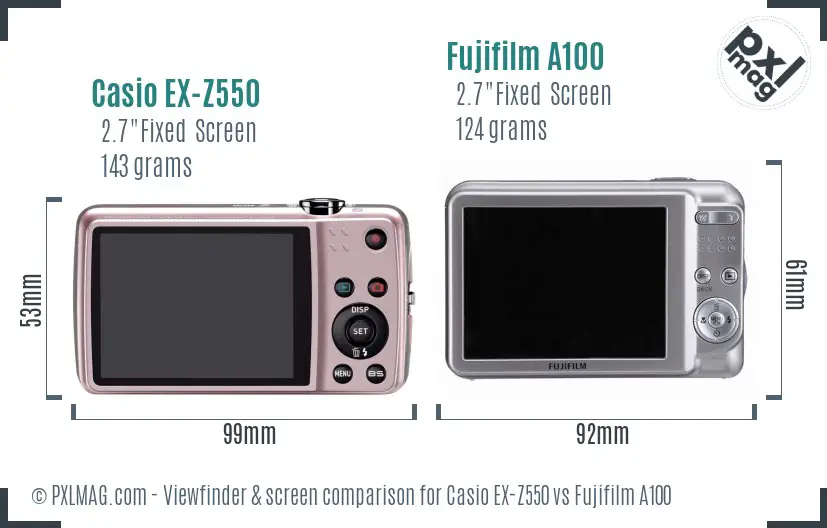 Casio EX-Z550 vs Fujifilm A100 Screen and Viewfinder comparison