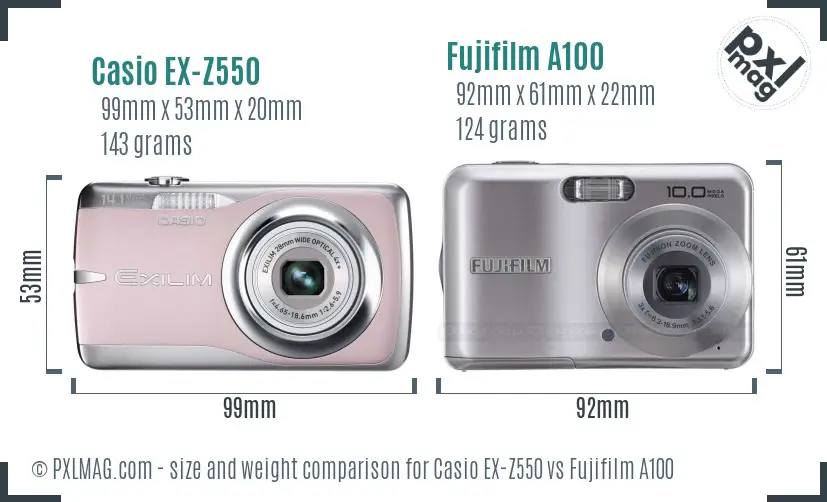 Casio EX-Z550 vs Fujifilm A100 size comparison