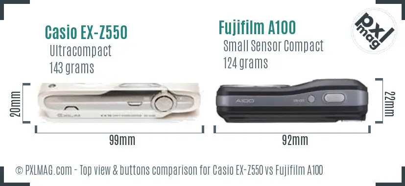 Casio EX-Z550 vs Fujifilm A100 top view buttons comparison