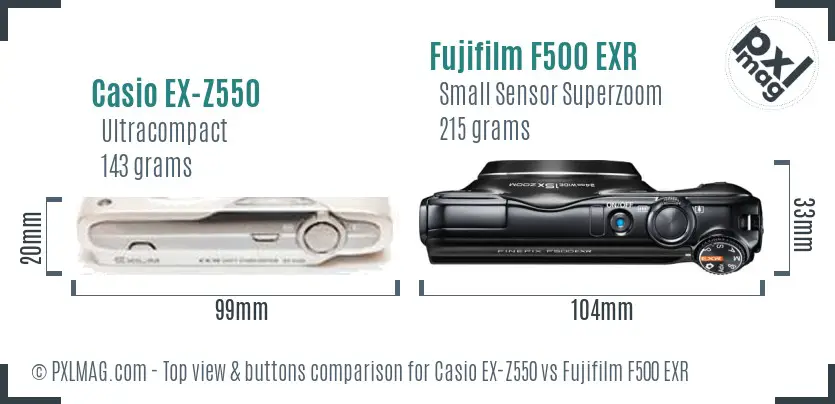 Casio EX-Z550 vs Fujifilm F500 EXR top view buttons comparison