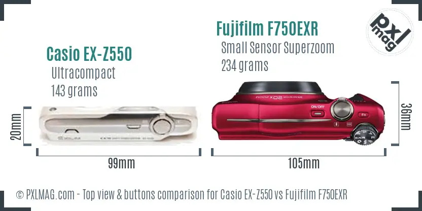 Casio EX-Z550 vs Fujifilm F750EXR top view buttons comparison Casio EX-Z550 vs Fujifilm F750EXR top view buttons comparison