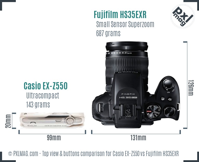 Casio EX-Z550 vs Fujifilm HS35EXR top view buttons comparison