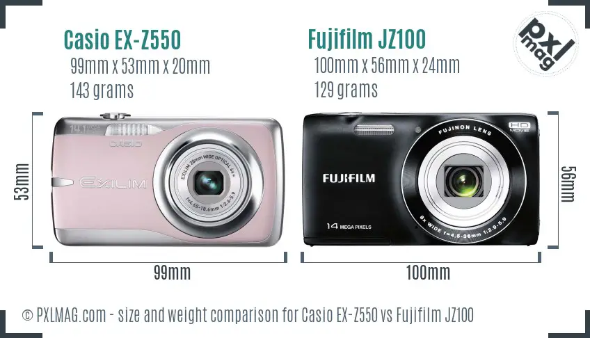 Casio EX-Z550 vs Fujifilm JZ100 size comparison