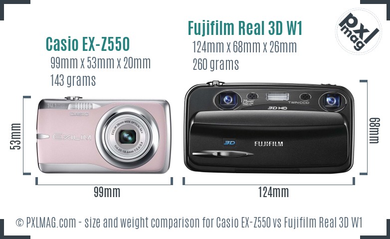Casio EX-Z550 vs Fujifilm Real 3D W1 size comparison