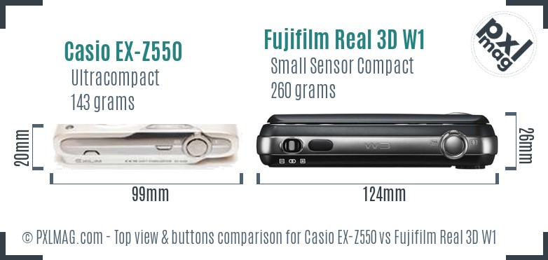 Casio EX-Z550 vs Fujifilm Real 3D W1 top view buttons comparison