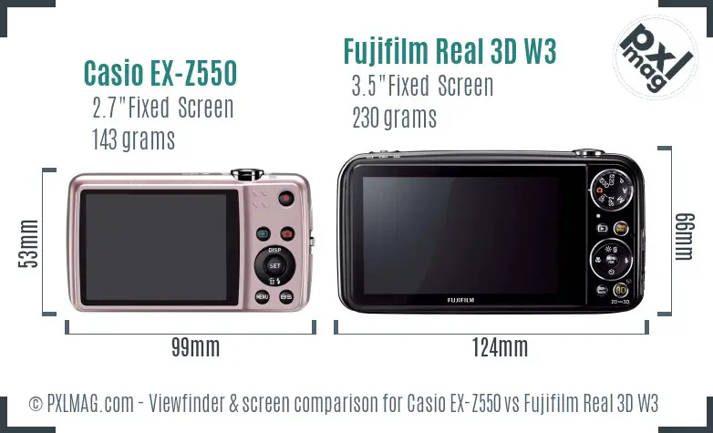 Casio EX-Z550 vs Fujifilm Real 3D W3 Screen and Viewfinder comparison