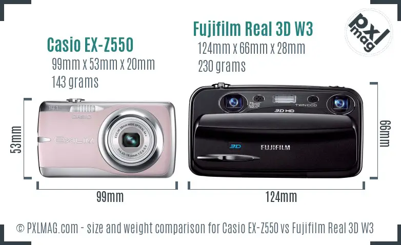 Casio EX-Z550 vs Fujifilm Real 3D W3 size comparison