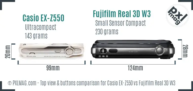Casio EX-Z550 vs Fujifilm Real 3D W3 top view buttons comparison