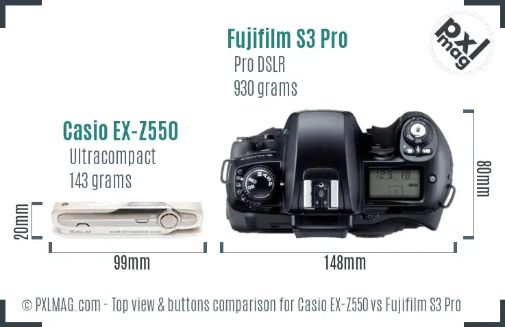 Casio EX-Z550 vs Fujifilm S3 Pro top view buttons comparison Casio EX-Z550 vs Fujifilm S3 Pro top view buttons comparison