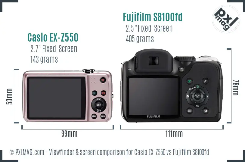 Casio EX-Z550 vs Fujifilm S8100fd Screen and Viewfinder comparison