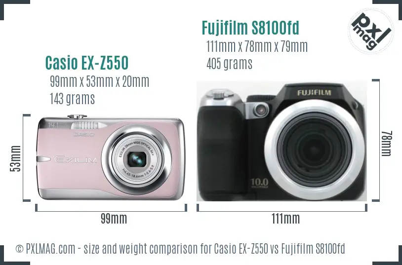 Casio EX-Z550 vs Fujifilm S8100fd size comparison