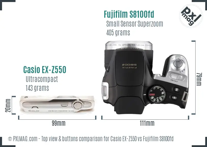 Casio EX-Z550 vs Fujifilm S8100fd top view buttons comparison