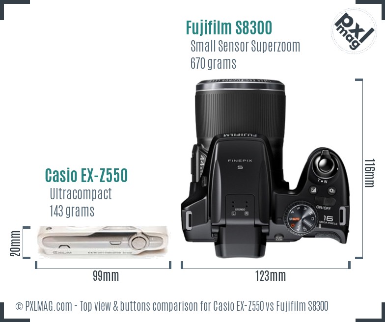 Casio EX-Z550 vs Fujifilm S8300 top view buttons comparison