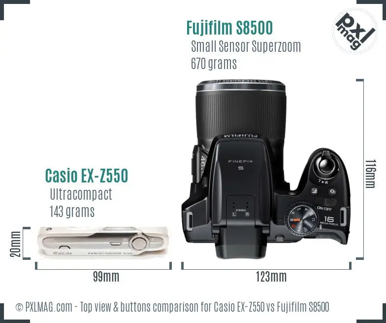 Casio EX-Z550 vs Fujifilm S8500 top view buttons comparison