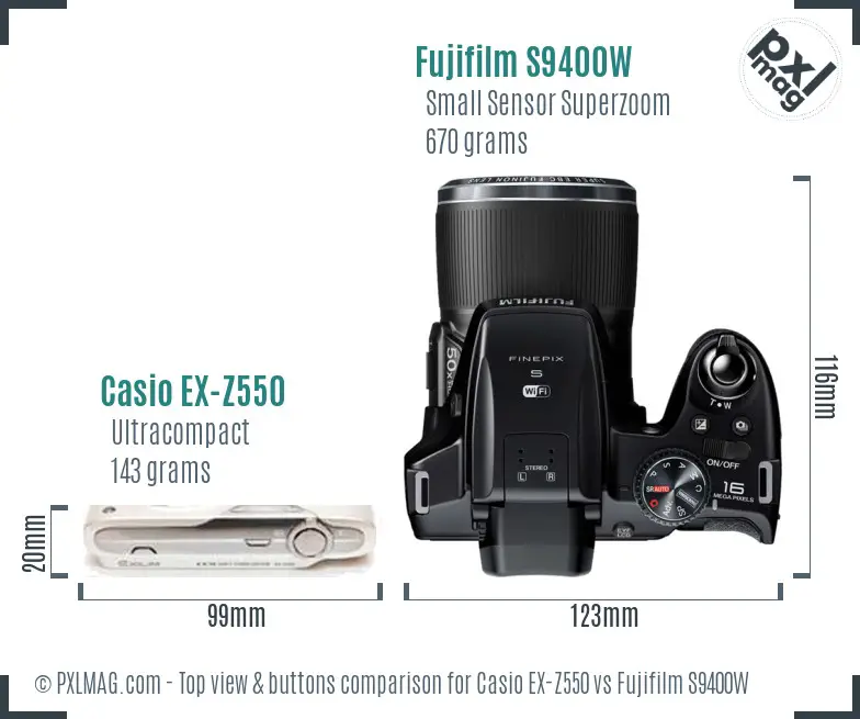 Casio EX-Z550 vs Fujifilm S9400W top view buttons comparison Casio EX-Z550 vs Fujifilm S9400W top view buttons comparison