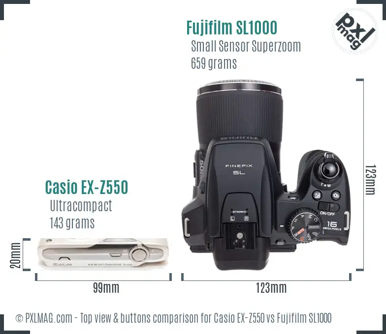 Casio EX-Z550 vs Fujifilm SL1000 top view buttons comparison Casio EX-Z550 vs Fujifilm SL1000 top view buttons comparison