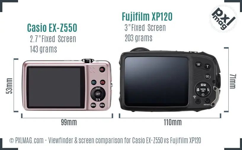 Casio EX-Z550 vs Fujifilm XP120 Screen and Viewfinder comparison