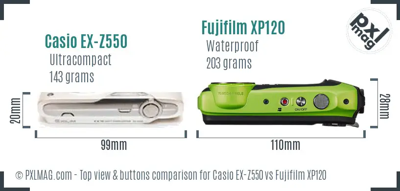 Casio EX-Z550 vs Fujifilm XP120 top view buttons comparison