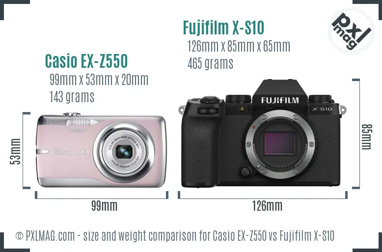 Casio EX-Z550 vs Fujifilm X-S10 size comparison Casio EX-Z550 vs Fujifilm X-S10 size comparison