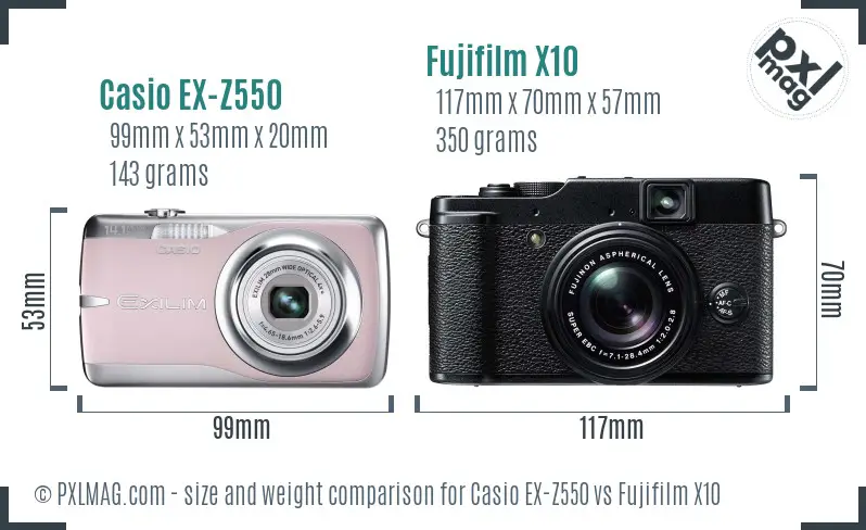 Casio EX-Z550 vs Fujifilm X10 size comparison