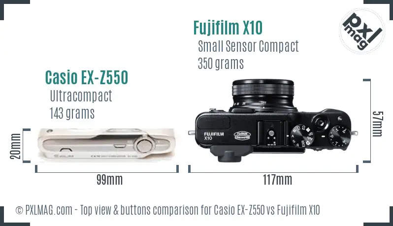 Casio EX-Z550 vs Fujifilm X10 top view buttons comparison